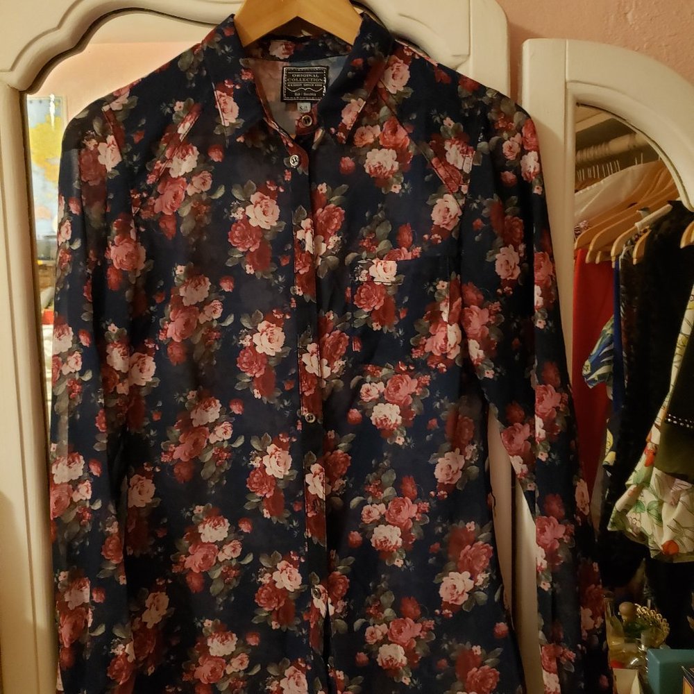 Original Collection navy blue shear button down blouse with floral pattern